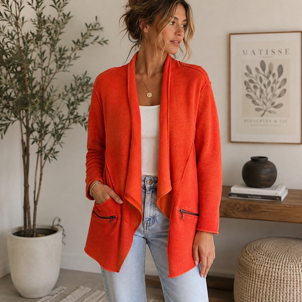 Sharon Young Orange Wool Blend Open Front Cardigan Zipper Pockets Large 0812KC4